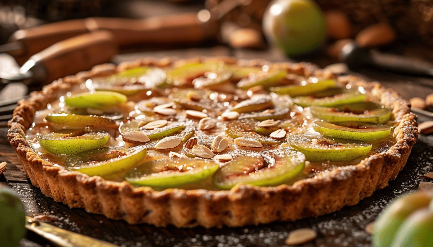 Préparation délicieuse d'une tarte aux prunes reine claude et poudre d'amande